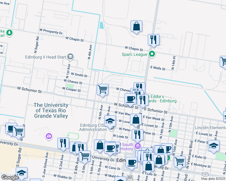 map of restaurants, bars, coffee shops, grocery stores, and more near 901 North 8th Avenue in Edinburg