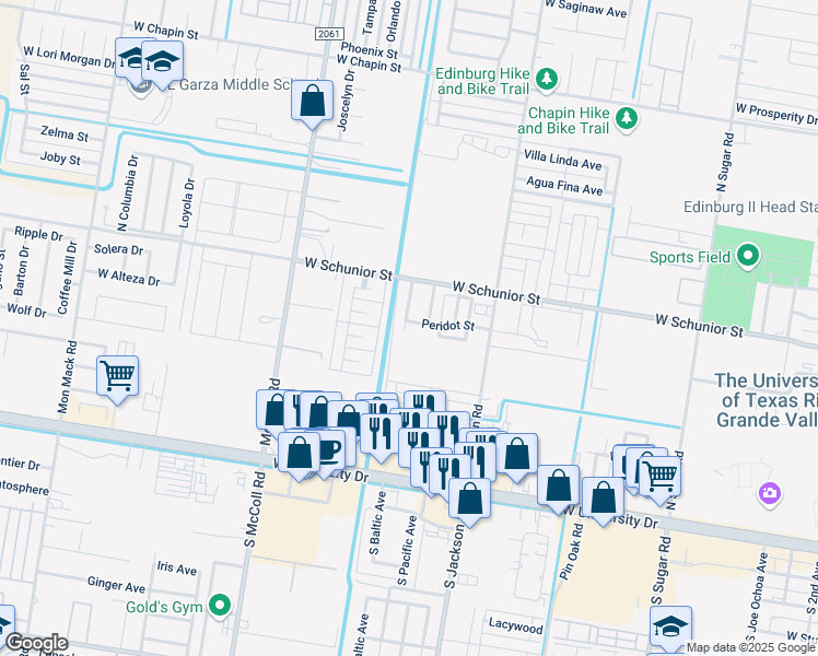 map of restaurants, bars, coffee shops, grocery stores, and more near 2330 Peridot Street in Edinburg