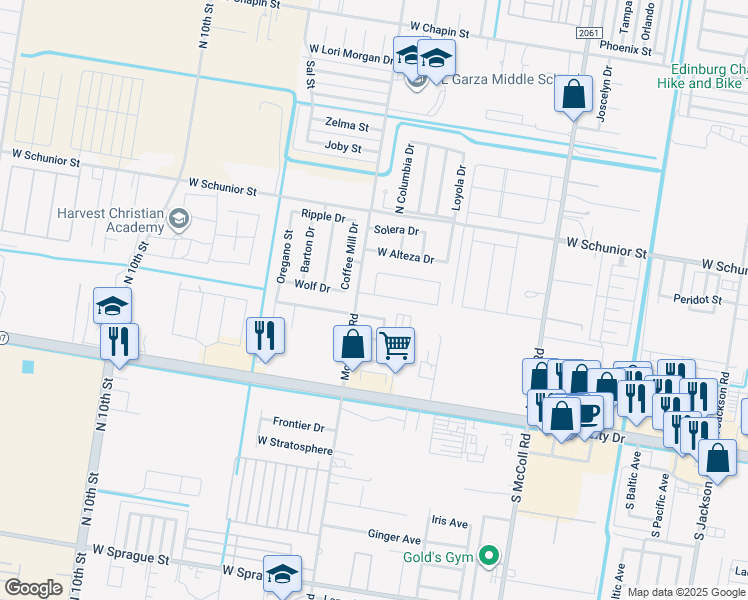 map of restaurants, bars, coffee shops, grocery stores, and more near 3506 Alice Lane in Edinburg