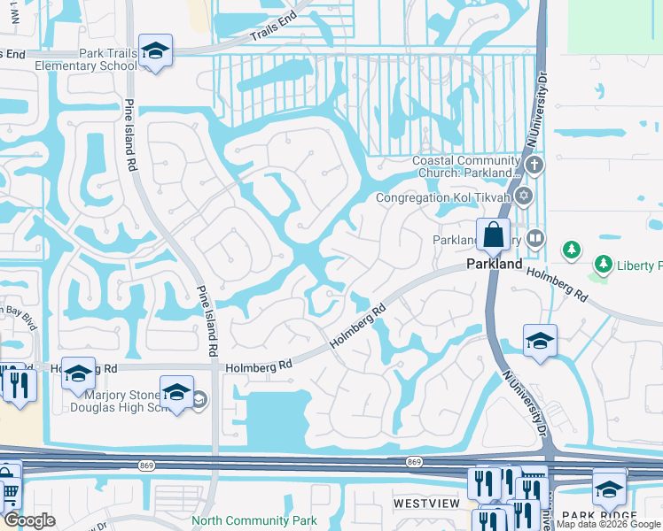 map of restaurants, bars, coffee shops, grocery stores, and more near 6407 Northwest 99th Avenue in Parkland