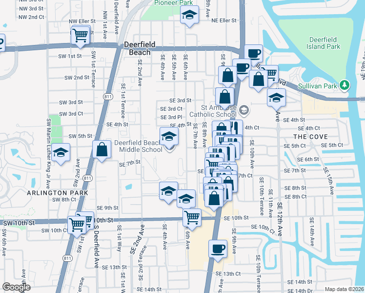 map of restaurants, bars, coffee shops, grocery stores, and more near 522 Southeast 6th Avenue in Deerfield Beach