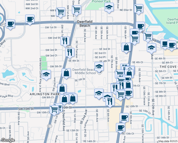 map of restaurants, bars, coffee shops, grocery stores, and more near 560 Southeast 2nd Avenue in Deerfield Beach