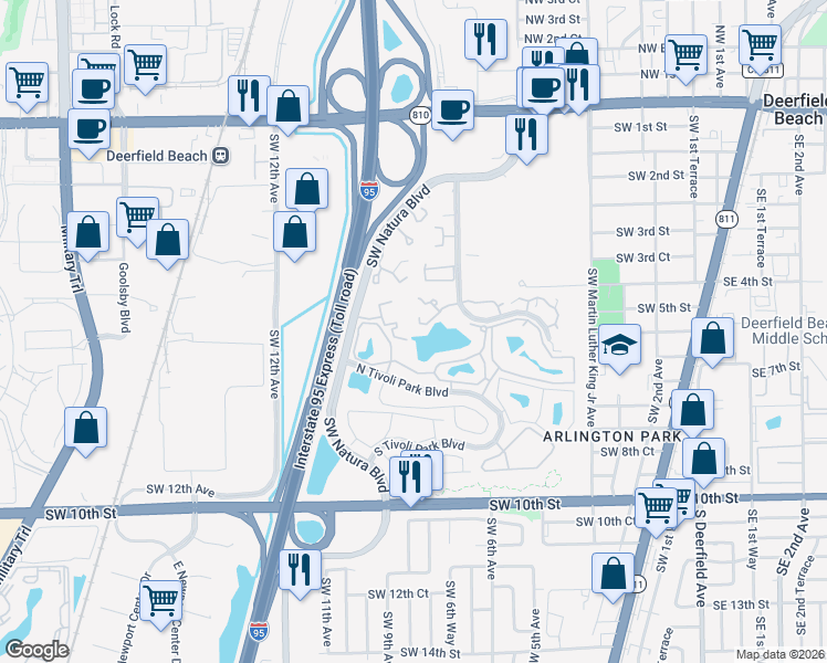 map of restaurants, bars, coffee shops, grocery stores, and more near 612 Southwest Natura Boulevard in Deerfield Beach