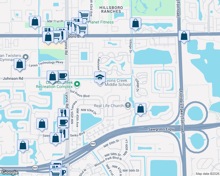 map of restaurants, bars, coffee shops, grocery stores, and more near 6604 Northwest 42nd Terrace in Coconut Creek