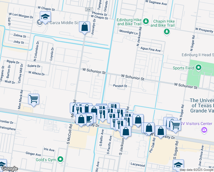 map of restaurants, bars, coffee shops, grocery stores, and more near 2330 Peridot Street in Edinburg