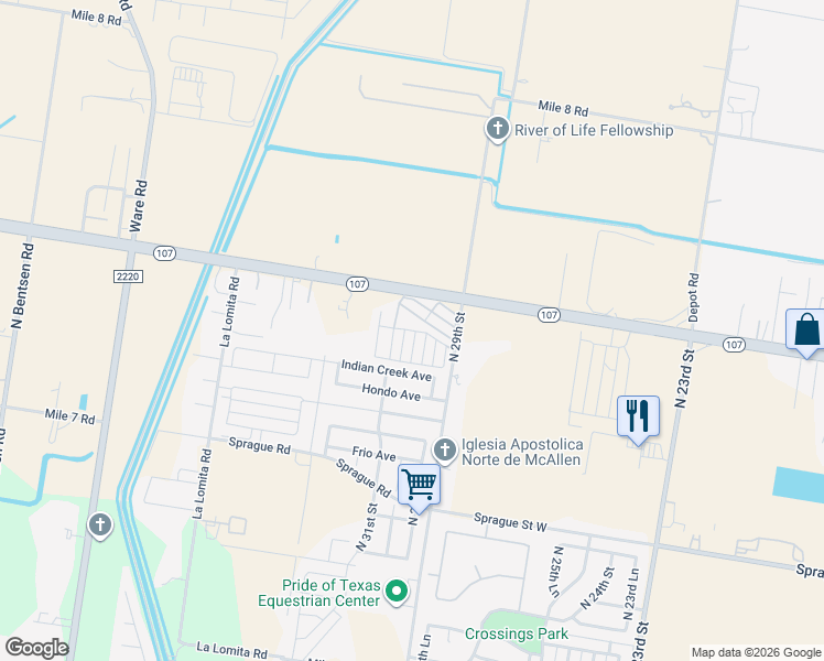 map of restaurants, bars, coffee shops, grocery stores, and more near 2924 Indian Creek Avenue in McAllen