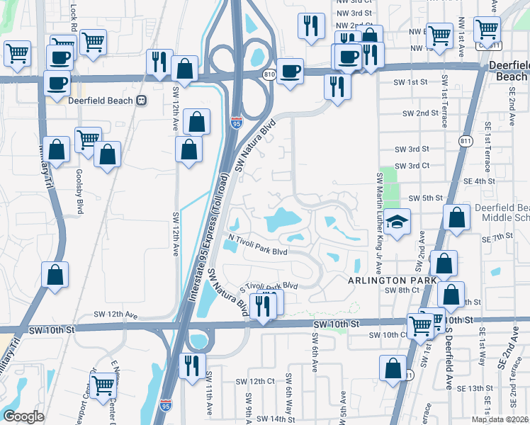 map of restaurants, bars, coffee shops, grocery stores, and more near 612 Southwest Natura Boulevard in Deerfield Beach