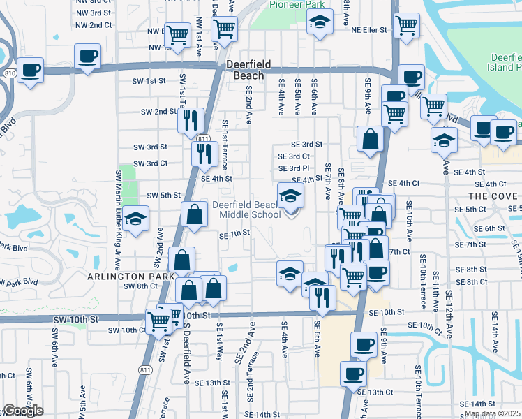 map of restaurants, bars, coffee shops, grocery stores, and more near 560 Southeast 2nd Avenue in Deerfield Beach