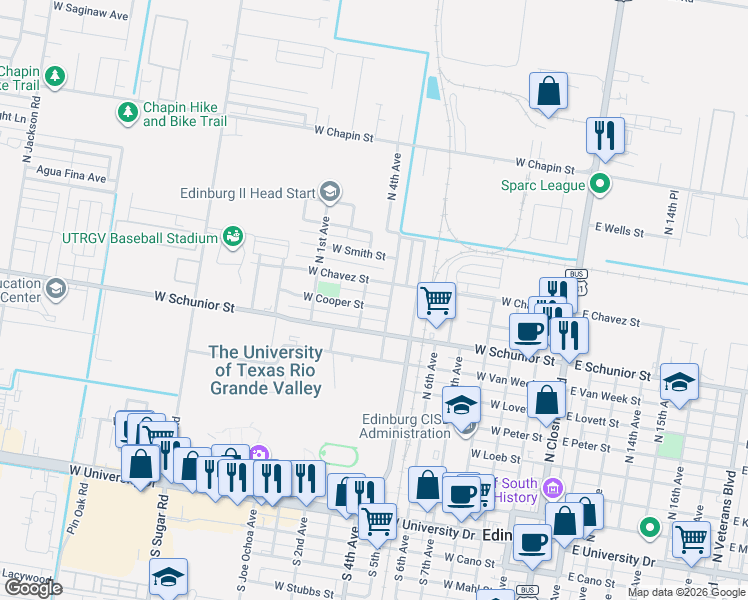 map of restaurants, bars, coffee shops, grocery stores, and more near 1001 North 4th Avenue in Edinburg