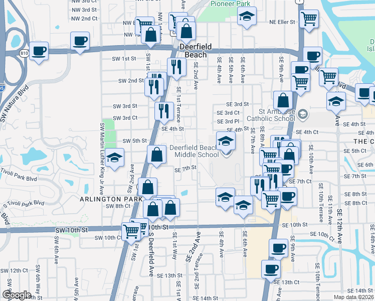map of restaurants, bars, coffee shops, grocery stores, and more near 178 Southeast 5th Court in Deerfield Beach