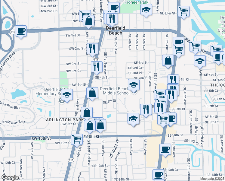 map of restaurants, bars, coffee shops, grocery stores, and more near 411 Southeast 2nd Street in Deerfield Beach