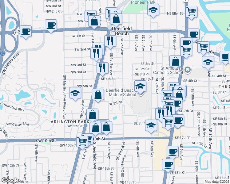 map of restaurants, bars, coffee shops, grocery stores, and more near 411 Southwest 2nd Avenue in Deerfield Beach