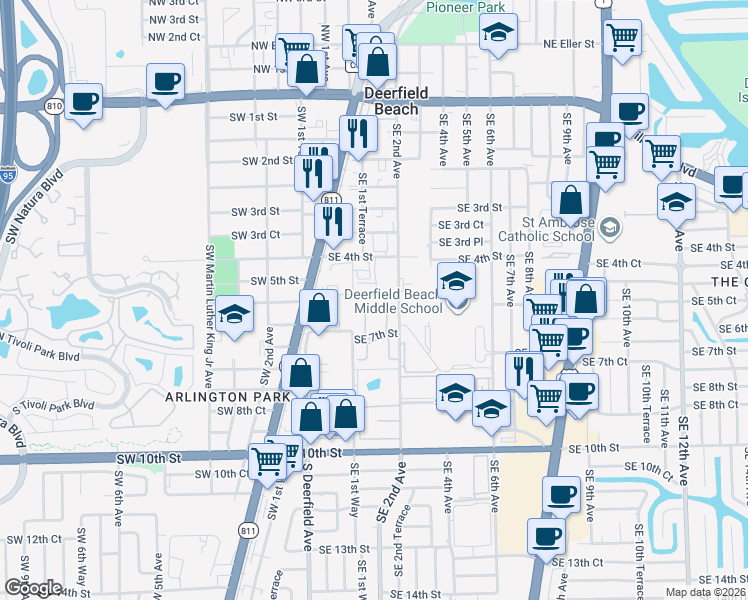 map of restaurants, bars, coffee shops, grocery stores, and more near 168 Southeast 5th Court in Deerfield Beach