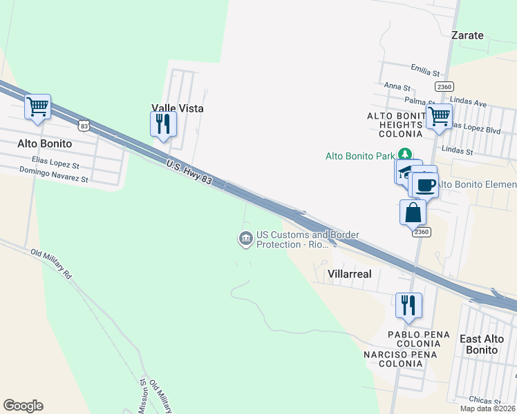 map of restaurants, bars, coffee shops, grocery stores, and more near U.S. 83 Frontage Road in Rio Grande City