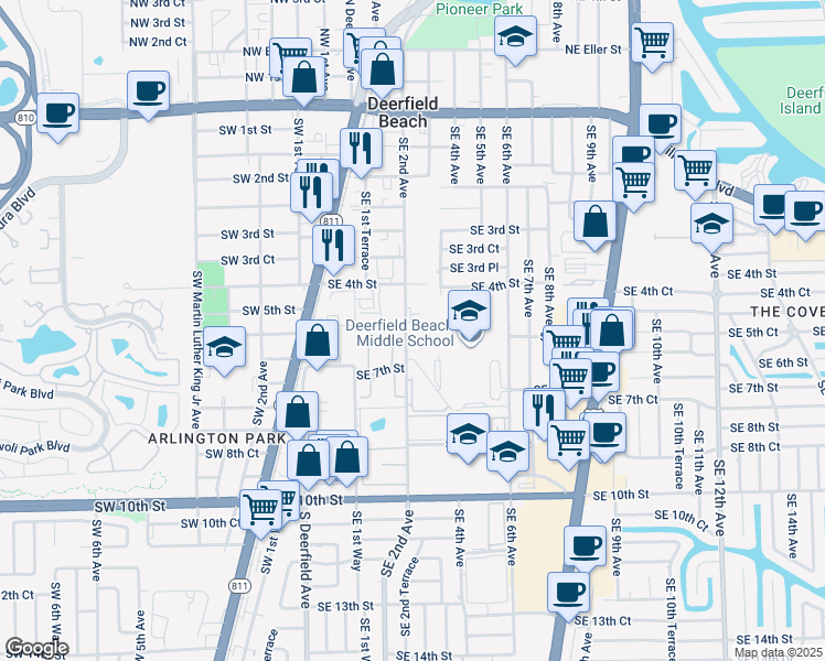 map of restaurants, bars, coffee shops, grocery stores, and more near 411 Southwest 2nd Avenue in Deerfield Beach