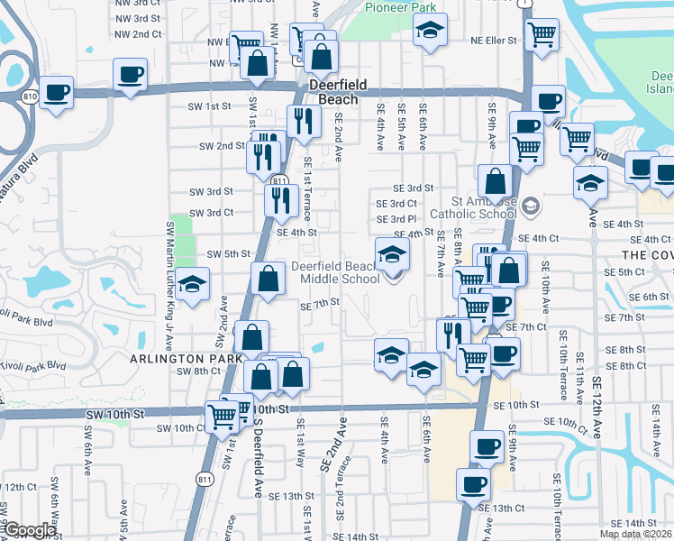 map of restaurants, bars, coffee shops, grocery stores, and more near 411 Southwest 2nd Avenue in Deerfield Beach