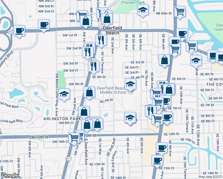 map of restaurants, bars, coffee shops, grocery stores, and more near 411 Southeast 2nd Street in Deerfield Beach