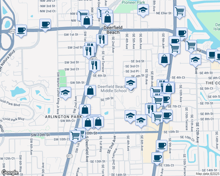 map of restaurants, bars, coffee shops, grocery stores, and more near 411 Southwest 2nd Avenue in Deerfield Beach