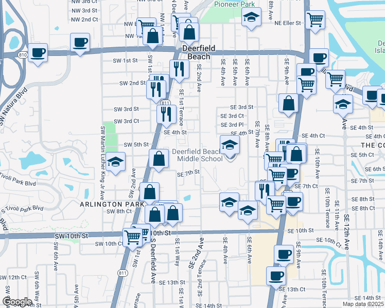 map of restaurants, bars, coffee shops, grocery stores, and more near 411 Southeast 2nd Street in Deerfield Beach