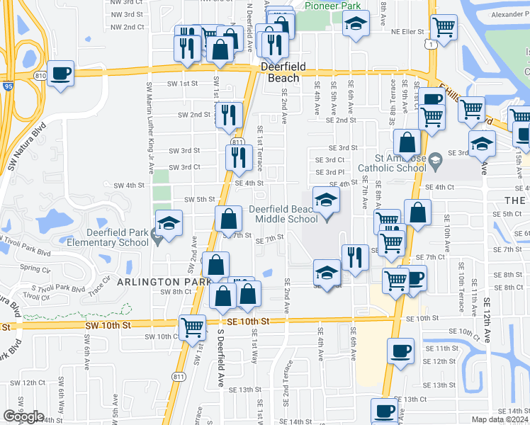 map of restaurants, bars, coffee shops, grocery stores, and more near 155 Southeast 5th Court in Deerfield Beach