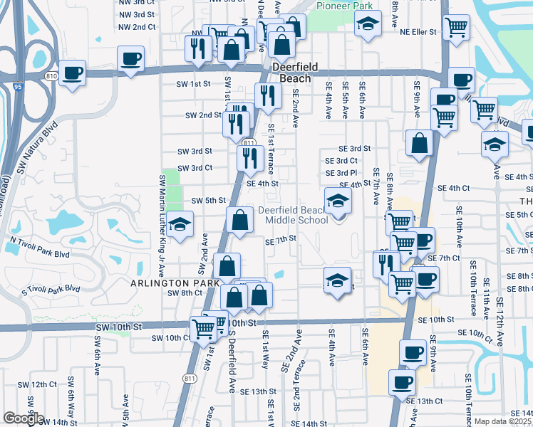 map of restaurants, bars, coffee shops, grocery stores, and more near 155 Southeast 5th Court in Deerfield Beach