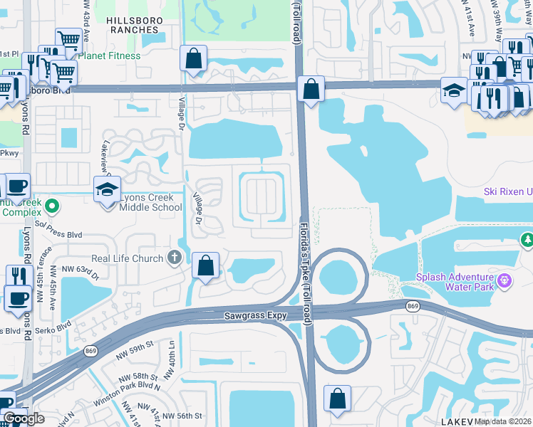 map of restaurants, bars, coffee shops, grocery stores, and more near 6535 Northwest 34th Avenue in Coconut Creek