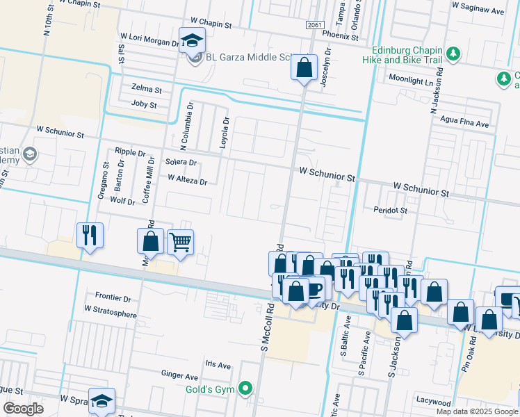 map of restaurants, bars, coffee shops, grocery stores, and more near 515 North McColl Road in Edinburg
