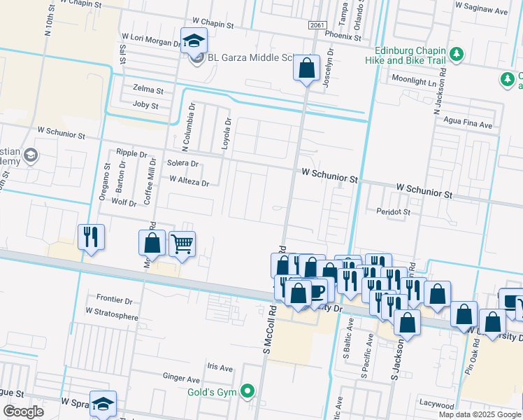map of restaurants, bars, coffee shops, grocery stores, and more near 515 North McColl Road in Edinburg