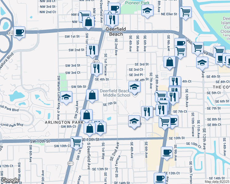 map of restaurants, bars, coffee shops, grocery stores, and more near 411 Southeast 2nd Street in Deerfield Beach