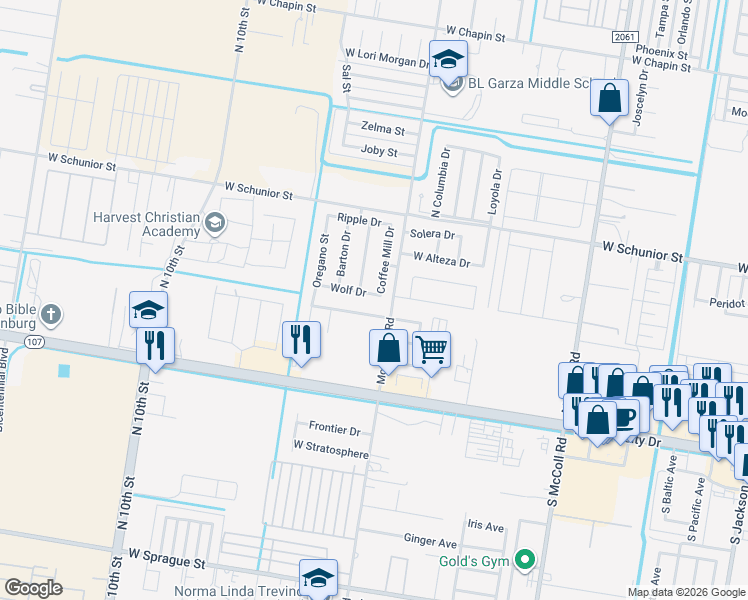 map of restaurants, bars, coffee shops, grocery stores, and more near 520 Coffee Mill Drive in Edinburg