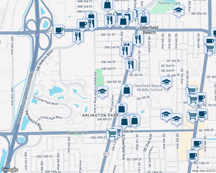 map of restaurants, bars, coffee shops, grocery stores, and more near 225 Southwest 5th Street in Deerfield Beach