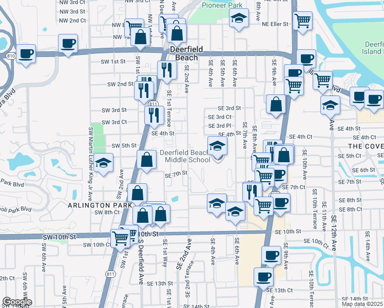 map of restaurants, bars, coffee shops, grocery stores, and more near 411 Southeast 2nd Street in Deerfield Beach