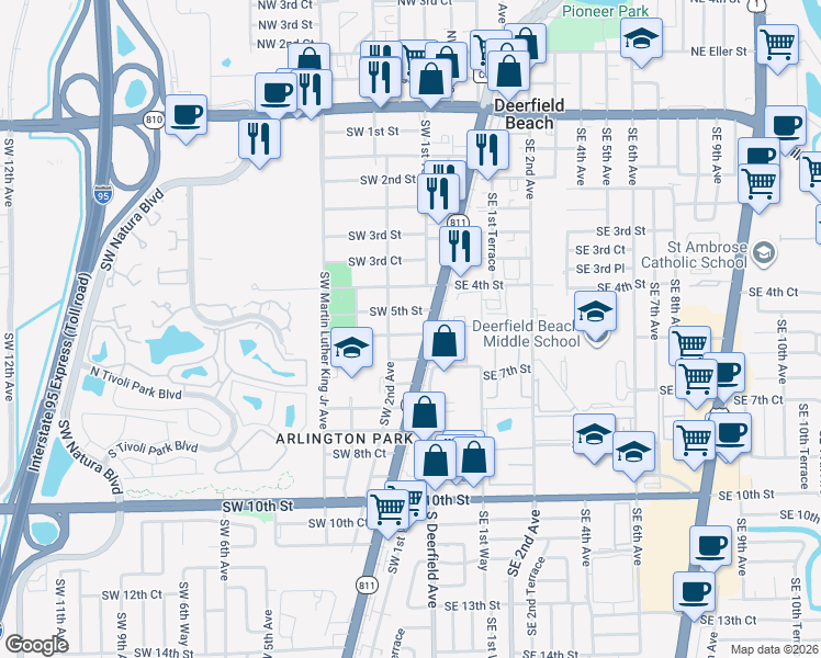 map of restaurants, bars, coffee shops, grocery stores, and more near 171 Southwest 5th Street in Deerfield Beach