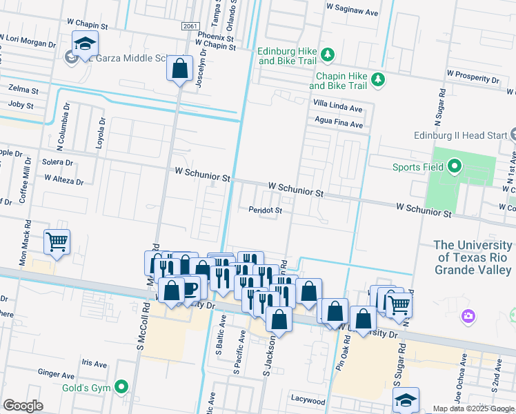 map of restaurants, bars, coffee shops, grocery stores, and more near 703 Agate Street in Edinburg