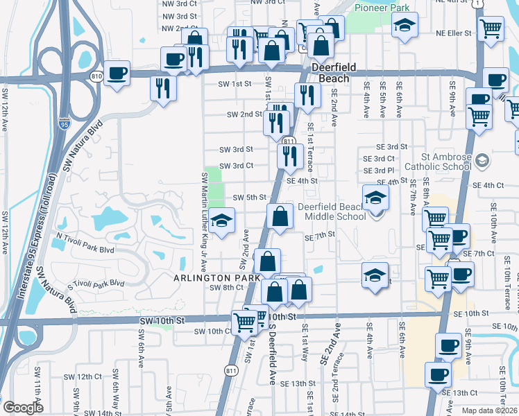map of restaurants, bars, coffee shops, grocery stores, and more near 171 Southwest 5th Street in Deerfield Beach