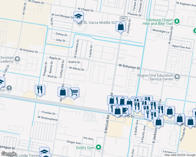map of restaurants, bars, coffee shops, grocery stores, and more near 3202 West Alteza Drive in Edinburg