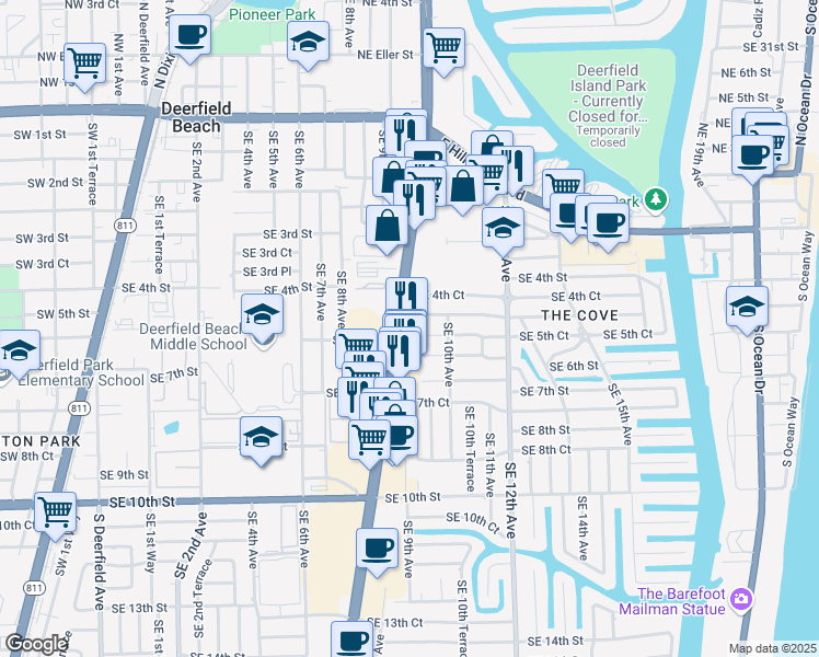 map of restaurants, bars, coffee shops, grocery stores, and more near 504 South Federal Highway in Deerfield Beach