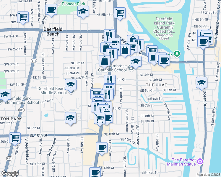 map of restaurants, bars, coffee shops, grocery stores, and more near 504 South Federal Highway in Deerfield Beach