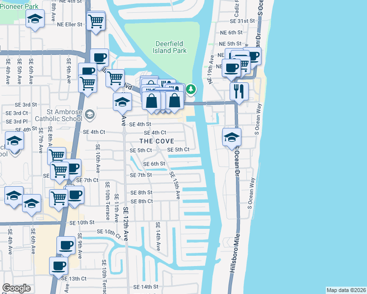 map of restaurants, bars, coffee shops, grocery stores, and more near 510 Southeast 17th Avenue in Deerfield Beach