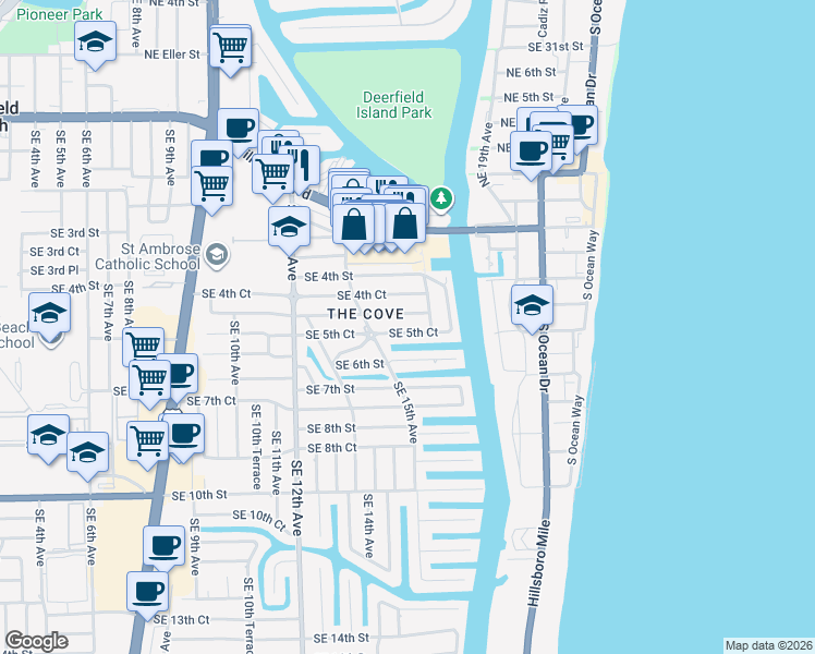 map of restaurants, bars, coffee shops, grocery stores, and more near 1597 Southeast 5th Street in Deerfield Beach