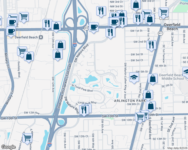 map of restaurants, bars, coffee shops, grocery stores, and more near 451 Southwest Natura Avenue in Deerfield Beach