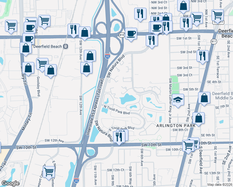 map of restaurants, bars, coffee shops, grocery stores, and more near 411 Southwest Natura Avenue in Deerfield Beach