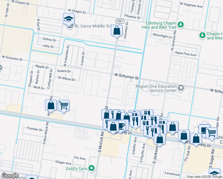 map of restaurants, bars, coffee shops, grocery stores, and more near 2840 Anacua Street in Edinburg