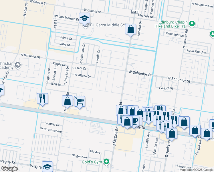 map of restaurants, bars, coffee shops, grocery stores, and more near 3202 West Alteza Drive in Edinburg
