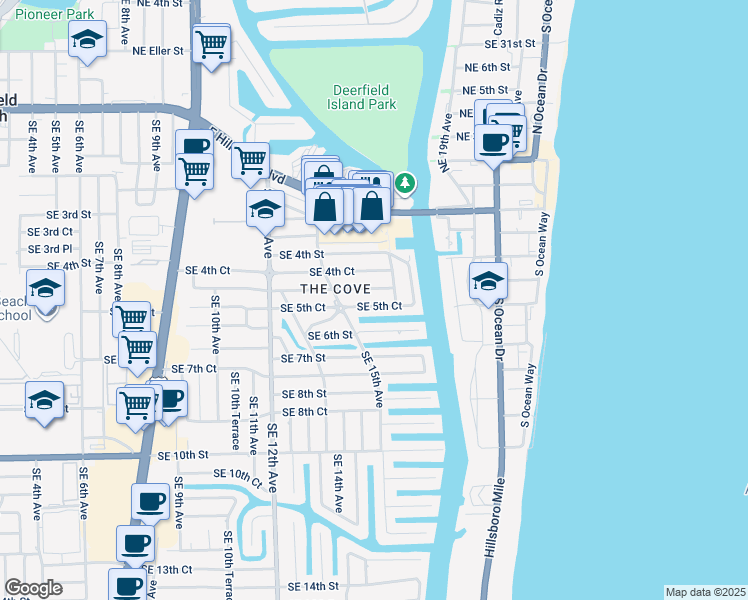 map of restaurants, bars, coffee shops, grocery stores, and more near 1597 Southeast 5th Street in Deerfield Beach