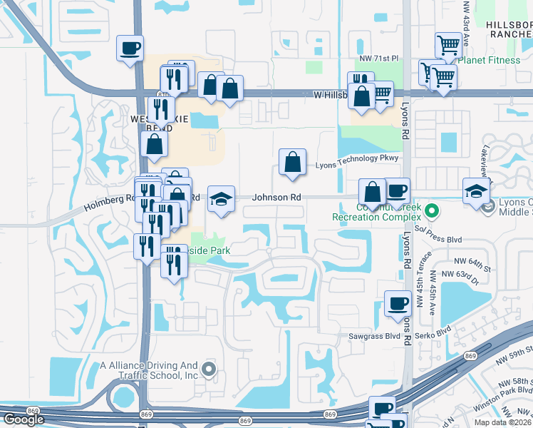 map of restaurants, bars, coffee shops, grocery stores, and more near 5101 Heron Place in Coconut Creek