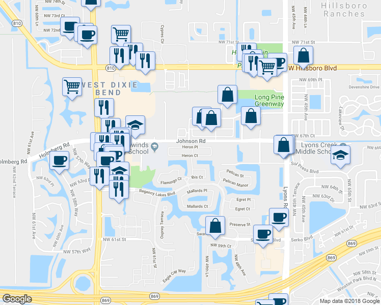 map of restaurants, bars, coffee shops, grocery stores, and more near 5103 Heron Court in Coconut Creek