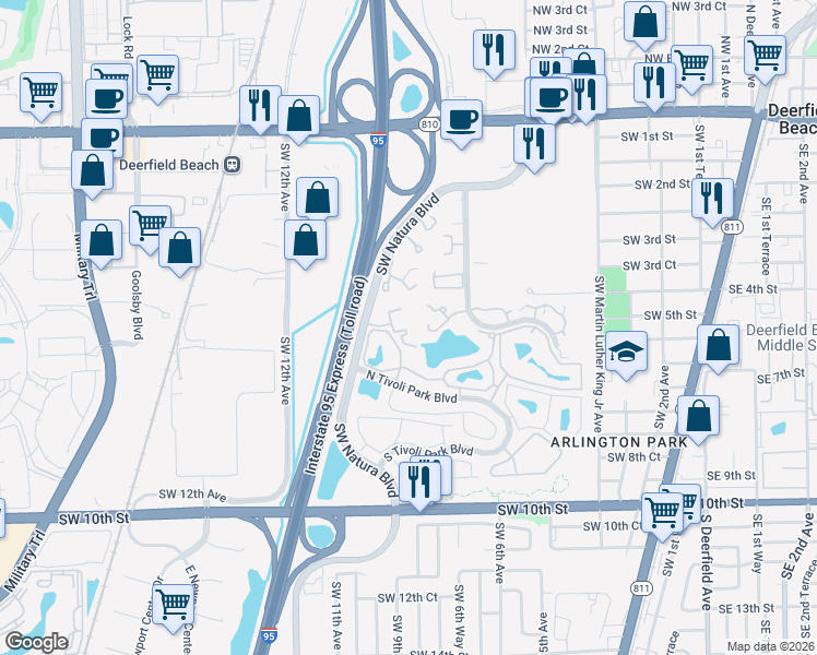 map of restaurants, bars, coffee shops, grocery stores, and more near 411 Southwest Natura Avenue in Deerfield Beach
