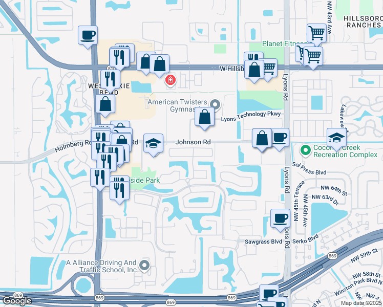 map of restaurants, bars, coffee shops, grocery stores, and more near 5103 Heron Court in Coconut Creek
