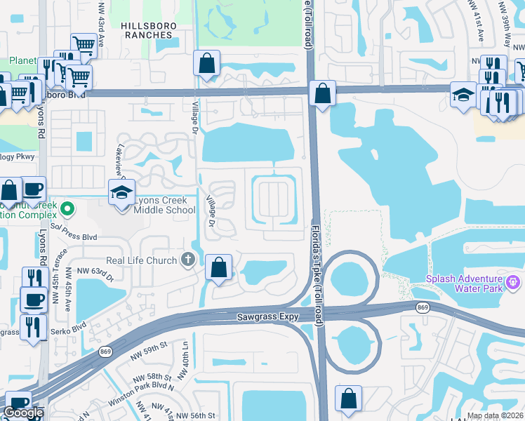 map of restaurants, bars, coffee shops, grocery stores, and more near 6546 Northwest 37th Avenue in Coconut Creek